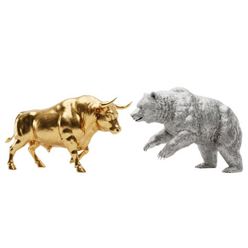 Golden bull and grey bear facing each other