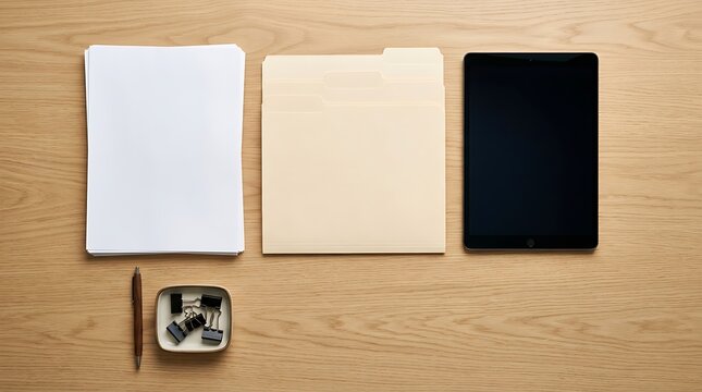 Office desk flat lay with folder, white papers and digital tablet on wooden table, business organization and professional workspace documentation concept