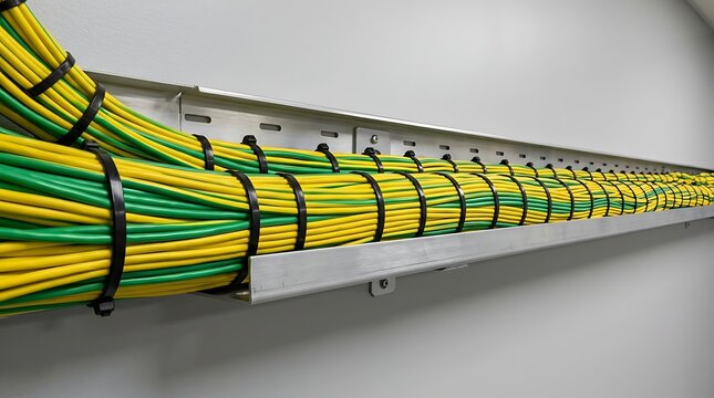 Organized electrical cable management system with yellow and green wires in metal tray for industrial data center infrastructure and telecommunications network installation