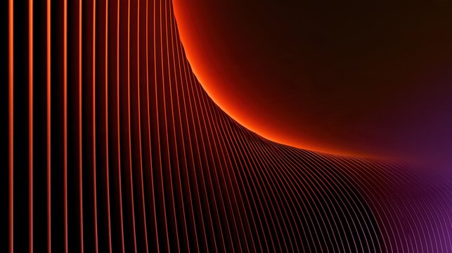 a 3d abstract graphic showing curved, vertical metallic structures lit by a vibrant orange light source casting a warm glow over a dark brown and black background, with a faint purple Generative AI