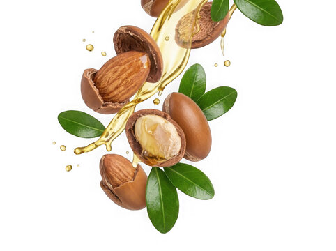 Cracked argan nuts with pouring golden oil and green leaves argan nut cracked shell green leaf liquid oil splash cosmetic oil argania spinosa oil drop nut kernel as isolated element