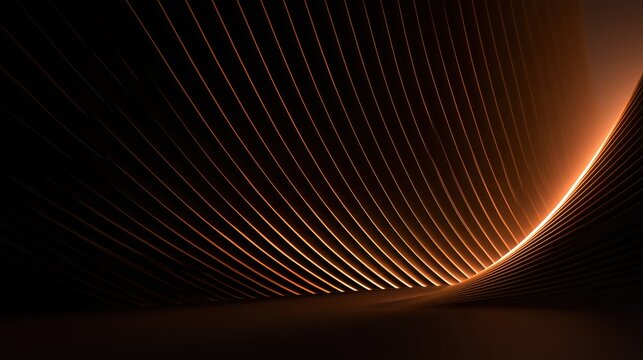 a dark, abstract digital illustration with curved, metallic fins glowing with an orange gold light the fins are arranged in a parallel, repetitive pattern, sweeping from the left and cur Generative AI