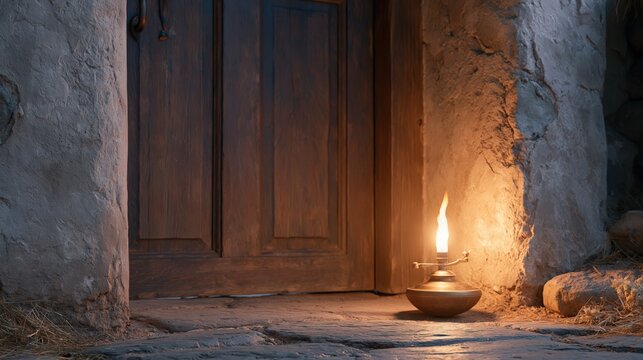 Single oil lamp burning beside a closed wooden door, symbolizing readiness, vigilance, and faithfulness in a biblical setting.