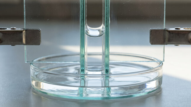 Capillary action experiment showing water rising between two close parallel glass plates in laboratory. Concept of capillarity, physics experiment, surface tension, water meniscus, petri dish.
