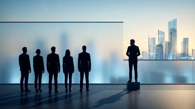 Visionary leadership concept with a boss on a pedestal viewing a futuristic skyline while the team faces a frosted wall, symbolizing foresight, clarity, planning and overcoming obstacles
