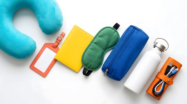 Collection of colorful backpacks and pencil cases for students arranged on a white background.