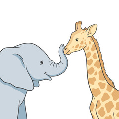 Fototapeta premium Cute Cartoon Elephant and Giraffe Touching Noses, Wild Animals Friendship Illustration