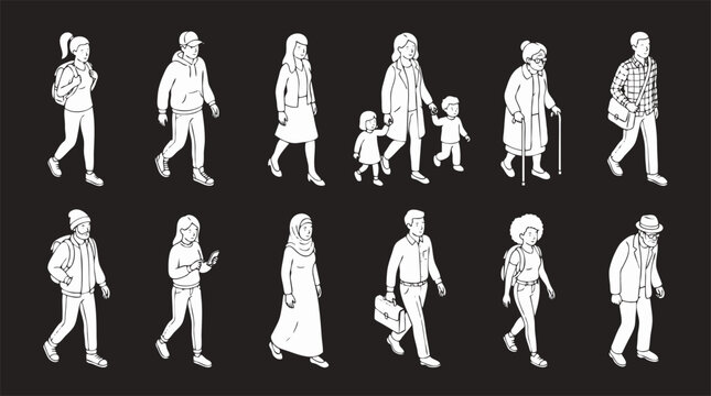 Isometric walking people vector set, diverse crowd characters outline illustration, architectural design elements for urban scenes