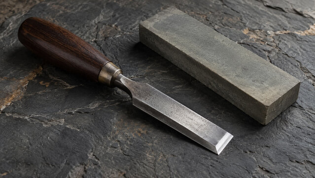 Woodworking chisel with hardwood handle and sharpening whetstone on dark stone background. Concept of forged steel, hand tool, wood chisel, carpentry. Copy space.