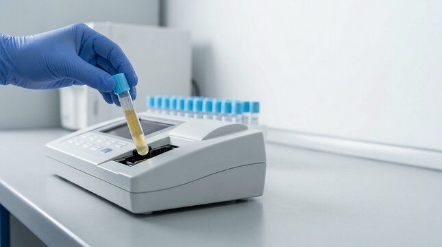 Professional laboratory technician analyzing cerebrospinal fluid samples for medical education and diagnostic testing purposes in a clinical lab