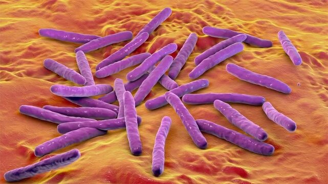 Mycobacterium leprae, 3D animation. Acid-fast bacteria that cause leprosy (Hansen disease), a chronic infectious disease affecting the skin and peripheral nerves.