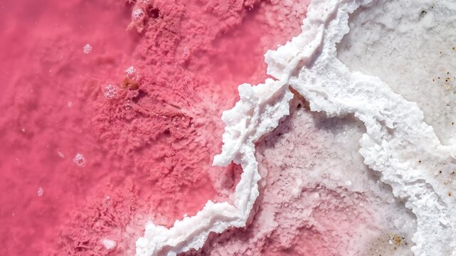 Abstract Macro of Pink Dunaliella Algae Water Separated by a White Salt Crust