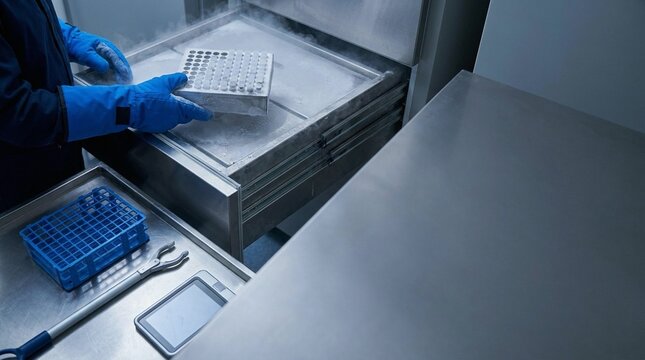 Technician handling cryogenic storage in research lab for medical education, health, bundibugyo virus (BDBV)