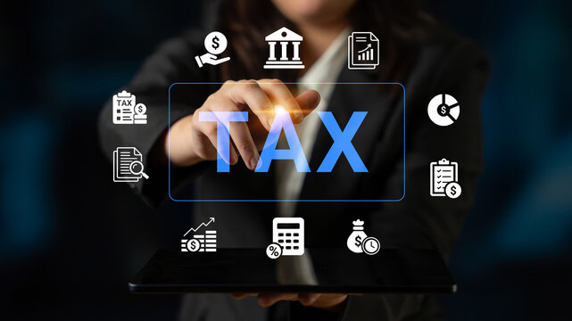 A business professional interacts with a digital tax concept displayed on a tablet, surrounded by various financial icons representing modern economic strategies and planning. Cyphers