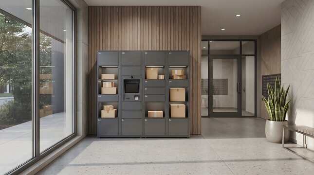 Modern automated smart parcel locker system with cardboard boxes in residential building lobby   