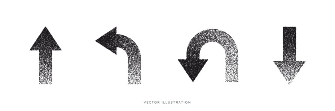 Set of abstract Halftone Arrow with dotted gradient gradation effects. Black fading arrows in different directions in stipple texture. Pop art navigation symbol. Vector illustration collection icon