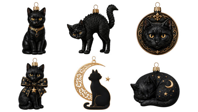 Six black cat Christmas ornaments with gold accents, featuring sitting, arched, curled and medallion designs including crescent moon, bow and sleeping cat motifs