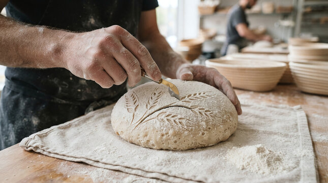 Baker flour dusted hands scoring sourdough loaf with curved razor lame