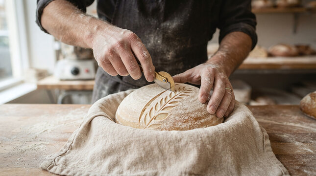 Baker flour dusted hands scoring sourdough loaf with curved razor lame