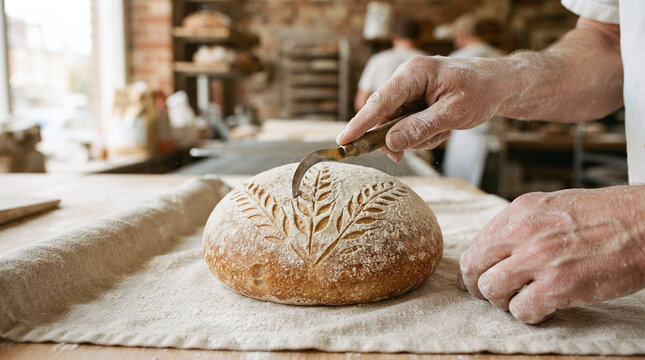 Baker flour dusted hands scoring sourdough loaf with curved razor lame