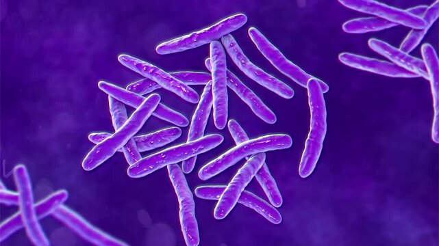 Mycobacterium tuberculosis bacterium, 3D animation showing slender rod-shaped bacilli, the causative agent of tuberculosis disease.