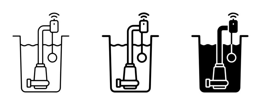 Smart Water Level Sensor Icons, Submersible Pump Float Switch Vector Set, IoT Technology for Liquid Monitoring