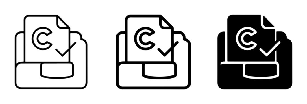 Copyright Symbol Icons, Document Folder with Checkmark, Intellectual Property Rights, Legal Protection, Vector Graphics Set