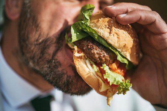 Close up of a bearded man eating a large delicious hamburger with lettuce and tomatoes