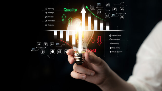 Bright Idea for Business Growth through Quality and Cost Optimization with Light Bulb and Graphical Data Analysis Concepts. Bitwise.
