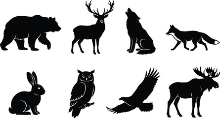 Obraz premium Wild forest animals silhouette vector set including bear deer wolf fox rabbit owl eagle and moose isolated on a plain white background for wildlife design elements