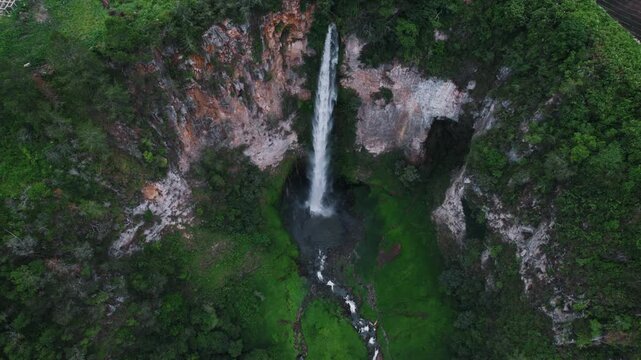 Sipiso Piso Waterfall in North Sumatra, Indonesia &ndash; Cinematic Drone Aerial View of Tropical Waterfall and Lush Mountain Landscape