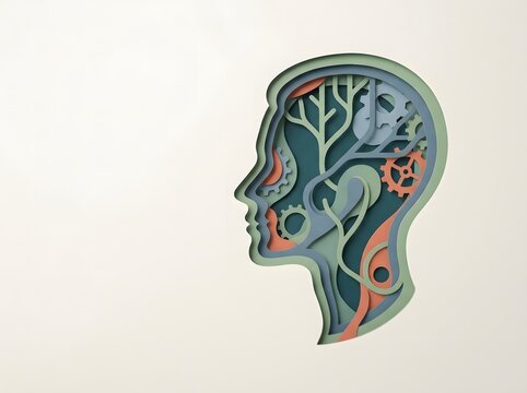 Paper cut human head with tree and gears inside concept for world mental health day