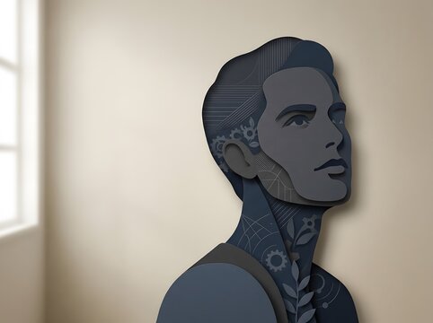 Papercut portrait of a man with gears and floral elements for world mental health day