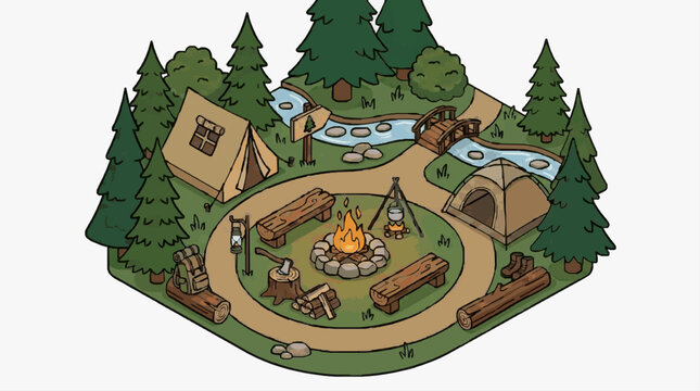 Isometric Campsite Illustration with Tents and Campfire.