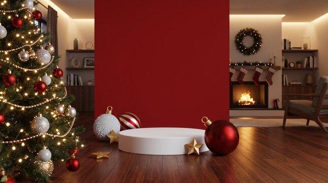 White cylindrical podium in a cozy Christmas living room decorated with a decorated tree, ornaments, and a fireplace background