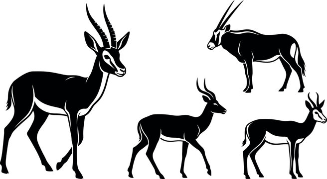 African antelope silhouettes set featuring walking gazelle gemsbok oryx and springbok isolated vector illustration graphic design