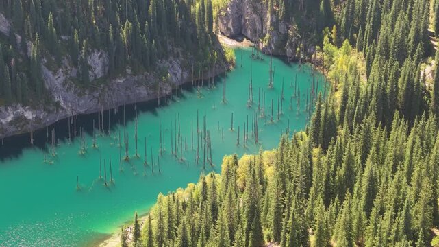 Kaindy Lake in Kazakhstan drone aerial 4k