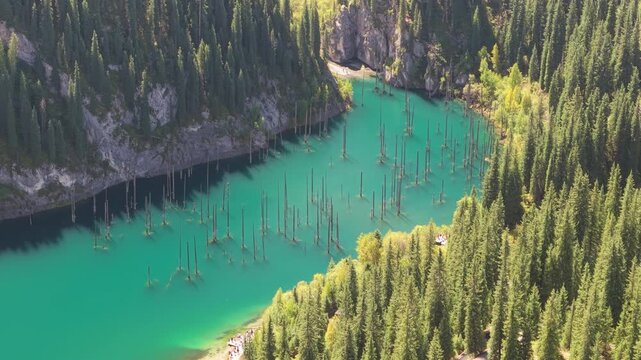 Kaindy Lake in Kazakhstan drone aerial 4k