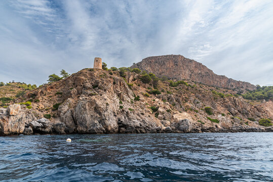 Abrupt rocky coast of the Maro-Cerro Gordo natural area along the Mediterranean Sea