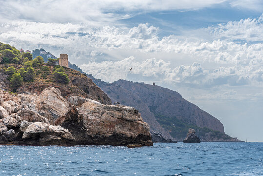 Rocky coastal landscape without beaches in the Maro-Cerro Gordo natural area, Andalusia, Spain