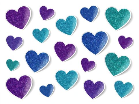 Assorted Glitter Hearts in Blue Purple Teal Against White Background With Soft Shadow
