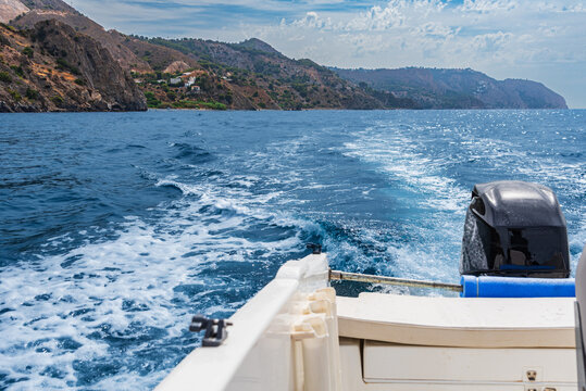 View from a small boat of the cliffs of Maro-Cerro Gordo natural park, Andalusia, Spain