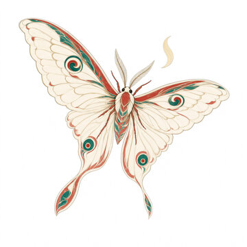 Moon moth ornament in red and green on white background