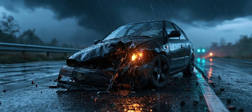 Wrecked passenger car with severe front - end damage on wet deserted motorway during storm
