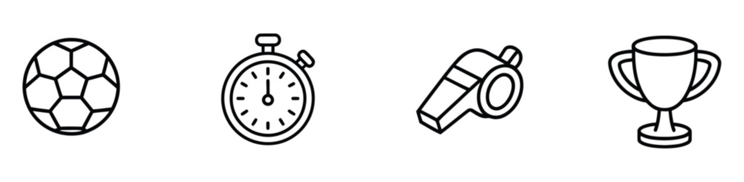 Soccer sports icons with stopwatch, whistle, and trophy symbols in clean line and solid styles for athletic events, competition, coaching, and fitness projects