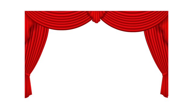 Red stage curtains with draped folds on transparent background