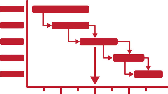 Red and white gantt chart showing a project timeline with interconnected tasks and progress bars on a grid background, for planning