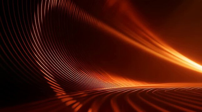 an abstract digital rendering featuring a series of curved, parallel lines illuminated by a warm orange glow against a dark background resembling a ribbed or corrugated structure Generative AI