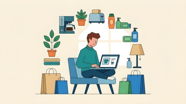 Flat vector illustration of a person shopping online from home using a laptop, surrounded by household products, plants, and shopping elements