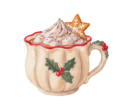 Vintage Holly Christmas mug with hot chocolate decorated whipped cream and gingerbread cookie - festive watercolor illustration